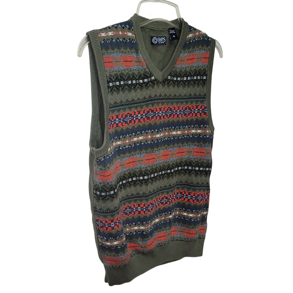 Chaps Men Cotton Fair Isle Sweater Vest Olive Knit M Cottagecore Academia Nordic - Picture 5 of 8